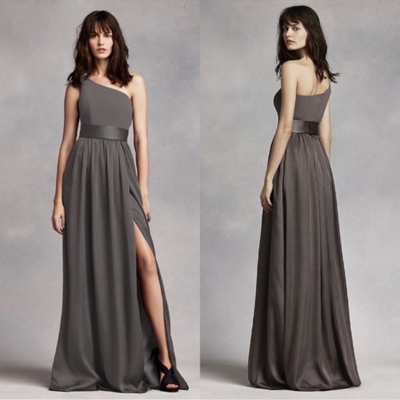 WHITE by Vera Wang One Shoulder Gown with Satin Sash in Charcoal Gray Size 12 - Picture 1 of 14